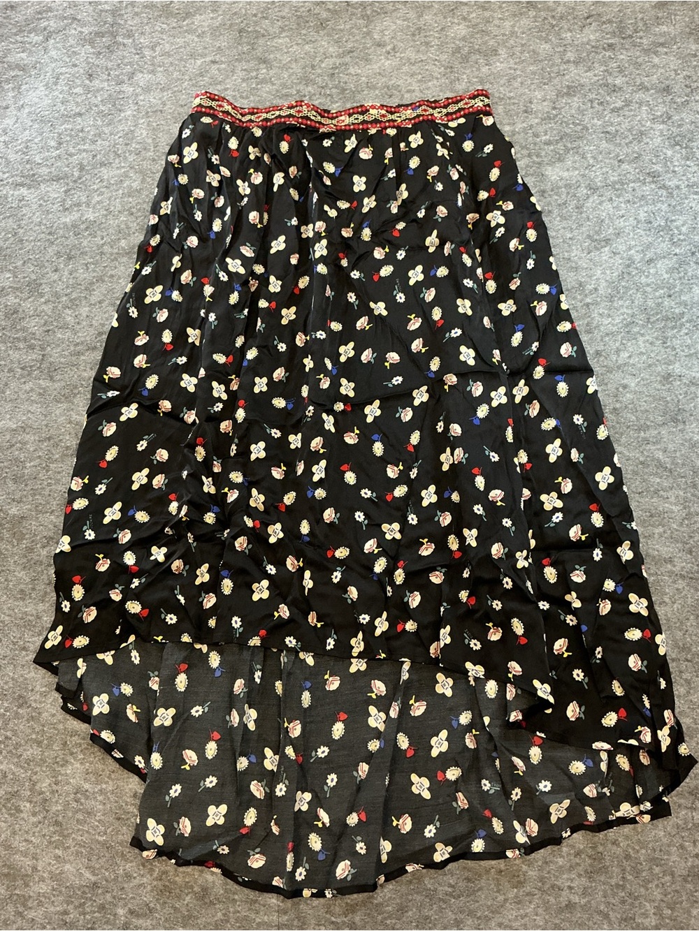 Zadig & Voltaire Black Floral High-Low Maxi Skirt with Embroidered Waist Size 42